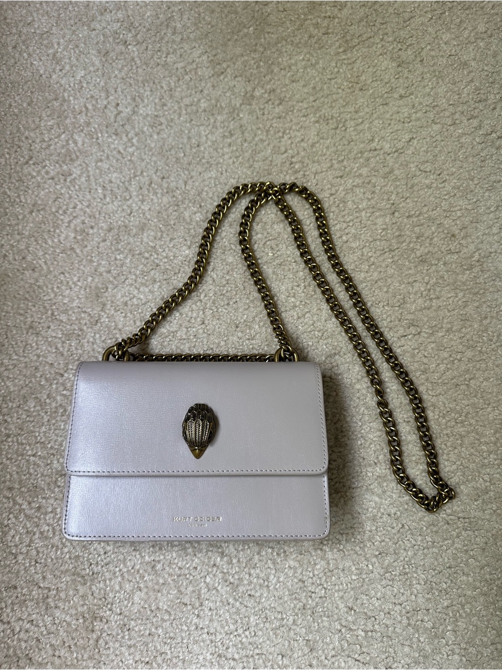 Kurt Geiger Grey Leather Crossbody Bag with Antique Gold Chain